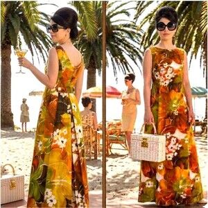 VTG Tori Richard Hawaiian Liberty House Dress Watteau Maxi Gown Floral 70s M